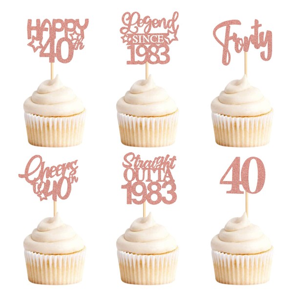 Keaziu Paquete de 24 adornos para cupcakes de 40 años, con leyenda desde 1983, Happy 40th Cheers, 40th Forty cupcakes, suministros de decoración para fiestas de cumpleaños | RG 40