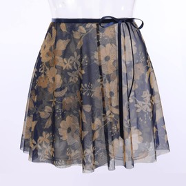 AFAVOM Women's Ballet Dance Skirt - Adult Dancewear Floral Sheer Mesh Ballerina Tie Waist Over Scarf Tutu - Skate Gymnastics Chiffon Dress Wear - Navy Blue M