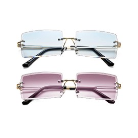 TSGRAYT Rimless Rectangle Sunglasses for Women Frameless Square Glasses for Men Ultralight UV400 Eyewear Gold/Gray Gradient+Gold/Blue Gradient