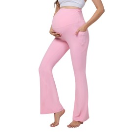 SOOWOT Flare Maternity Yoga Pants Soft Stretchy Bootcut Leggings Over The Belly Pregnancy Work Pants with Pockets Casual Petite/Regular 28" Pink XS