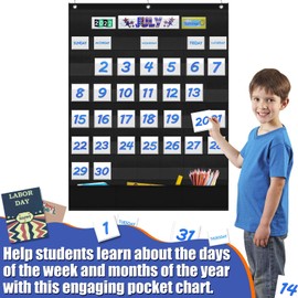 Eamay Classroom Monthly Calendar Pocket Chart with 45 Pocket, 3 Storage Pockets for Easy Wall or Stand Chart (BLACK)