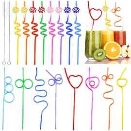 REJOECE 16 Pcs Colorful Curly Straws, Reusable Drinking Straws, Creative Party Straws, Kids Straws, Spiral Straws, Reusable Plastic Straws Kids Birthday Party Decorations Supplies with Cleaning Brush