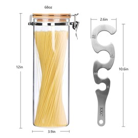 KKC HOME ACCENTS Glass Pasta Storage Container with Measuring Tool,Glass Spaghetti Storage Jar,Noodle Pasta Spaghetti holder Container,Tall Glass Storage Container Bamboo Lid,68 Floz