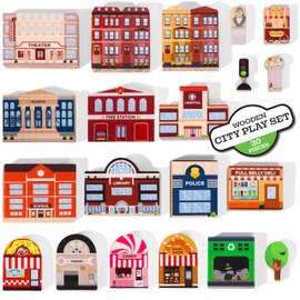 20 Pc Wooden City Play Set - Wooden Town Buildings and Street Signs for Play Mats, Toy Cars and Trains - Educational Preschool Track Accessories - Community Helpers Stacking Blocks Learning Toddler