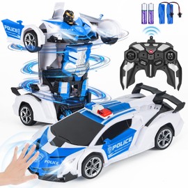 Highttoy Remote Control Car for Kids Age 3-12, Transforming Police Car Toy with Gesture Sensing, Lights and Sound 360° Rotation 2.4GHz 1:18 Transformable RC Car Robot Toys for Boys Girls White