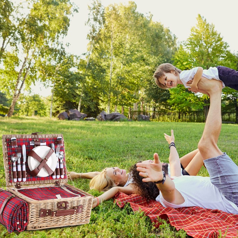 HYBDAMAI Wicker Picnic Basket for 4 with Waterproof Picnic Blanket