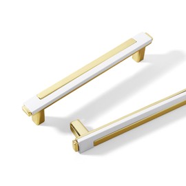 Kcmwsy 10 Pack White and Gold Cabinet Pulls Kitchen Cabinets Handles Zinc Alloy Cabinet Hardware Drawers Pulls for Cupboard Dresser Closet (10, White Gold, 8.5in/218mm)