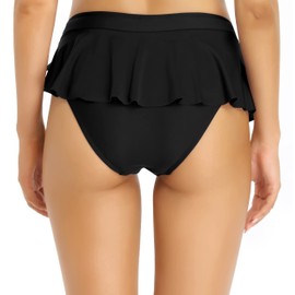 SHEKINI Bikini Bottoms Women's High Waist Retro Tummy Control Bikini Bottoms Chic Irregular Elegant Ruffle Swimming Trunks Abdominal Control Ruched Swimming Shorts, black