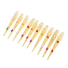 Ipetboom 10pcs Long Gold Rhinestone Nail Tip Set Queen Costume Accessories for Women Ancient Style Fake Nails with Sparkling Design for Parties and Cosplay