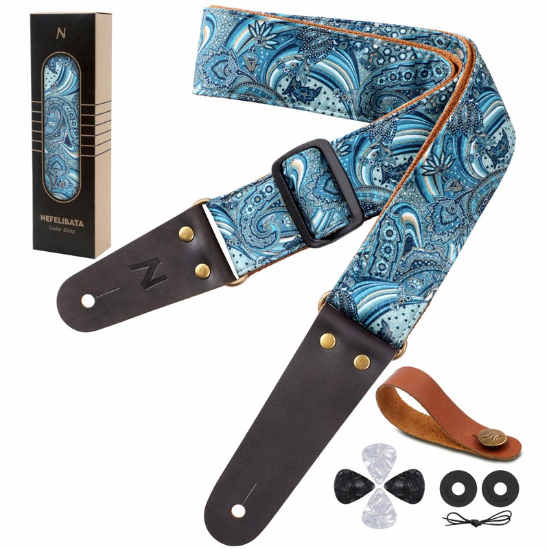 Nefelibata Guitar Strap, Cotton Print Guitar Straps with Head Cowhide