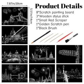 URROMA 8pcs Scratch Painting Rainbow Paper Set Rainbow Painting Scratch Off Doodle Paper Scratch Paper Arts Kits with Tools Landscape Scratchboard