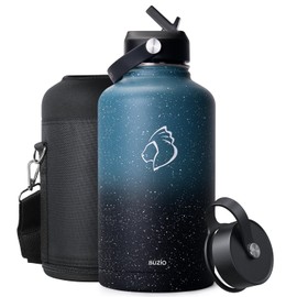 BUZIO 64oz Insulated Water Bottle with Straw Lid, Half Gallon Double Wall Food-Grade Stainless Steel Water Bottle with Carrying Pouch, Wide Mouth BPA-Free Sweat-Proof Sports Water Flask, Keep Hot Cold