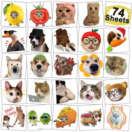 CHARLENT Cute Temporary Cat Meme Tattoos - 74 Individual Sheets, Funny Animal Meme Tattoos for Birthday Decoration, Party Supplies, School Reward Gift Ideas for Girls and Boys