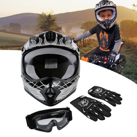 Tengchang DOT Youth Kids ATV Motocross Dirt Bike Black Skull Helmet w/Goggles+Gloves(L)