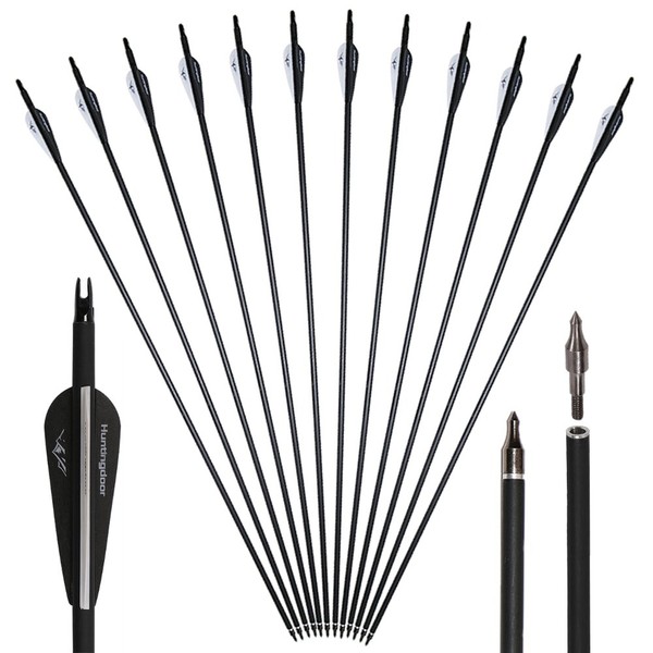 Huntingdoor 12 Piece Carbon Arrow 30 Inch 500 Spine Hunting Arrow with Removable Tips for Hunting Archery Adults Classic Bow Long Training Target (Black)