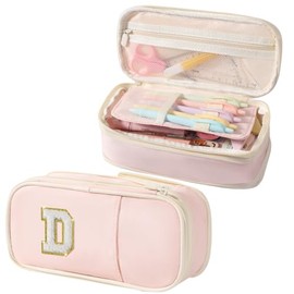 Janhavi Preppy Pencil Case for School Supplies, Large Initial Pencil Pouch with Zipper, Cute Pencil Bag for Office Supplies, Aesthetic Birthday Gift for Kids Teen Girls Adults - Pink D(Chenille)