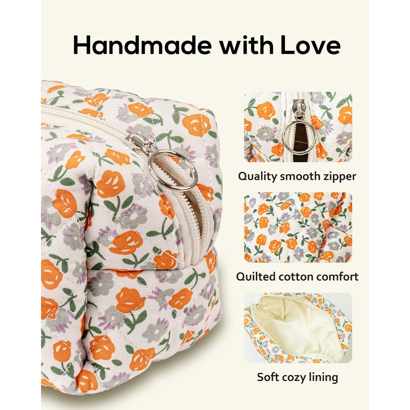 EFFUSON Floral Quilted Makeup Bag, Cute Rose Cosmetic Bag for
