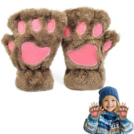 EQLEF Cat Paw Gloves, Plush Fingerless Gloves Mittens Cute Half Finger Gloves Warm Winter Gloves Cat Cosplay Gloves for Kids Girls (Kids-Khaki, 17cm)
