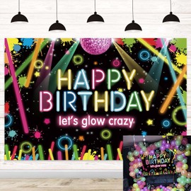 Neon Happy Birthday Backdrop Let Glow Party Photography Background Splash Graffiti Painting Decorations Banner Adult Birthday Party Photo Supplies (7x5ft)