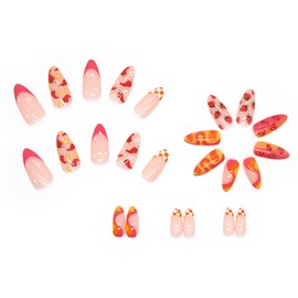 24 pcs Press on Nails Almond Medium Artificial Acrylic Fake Nails with Fruit Colorful Swirl Patterns Designs Full Cover Reusable Coffin False Nails Set Women Glue on Nails Stick on Nails for Nail Art