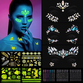 10 Sheets Glitter Stones Face Temporary Tattoos Wolf Lion Tiger Animals Temporary Tattoos Skull Rose Fake Tattoo Sticker Glow in the Dark for Party Carnival