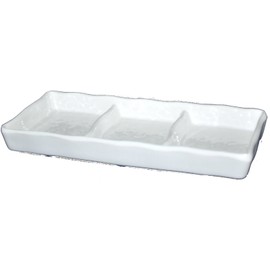 Lucky Star Melamine 3-Compartment Divided Spicy Soy Sauce Dishes Mustard Wasabi Sashimi Rectangular Plastic Dipping Plates, 7-3/8" L X 3" W, White (12)