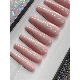 Handmade 💕 Luxury Gel Press On Nails, PINK WHITE  , Long Coffin, 10p Nail Set W/ kit