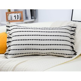 DRNOU Decorative Farmhouse Fringed Long Lumbar Throw Pillow Cover 12 x 24,Clasic Striped Textured Cotton Boho Decor Long Lumbar Pillow Cover Pillow Case for Sofa Couch Bed,Black and Off White