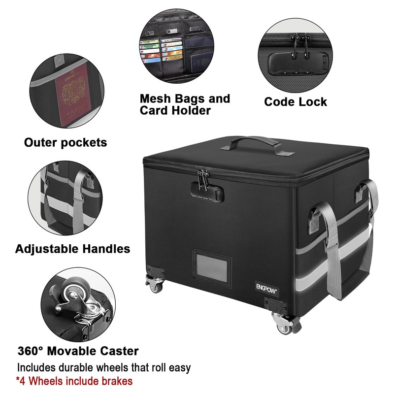 ENGPOW Fireproof Document Box with Wheels, Collapsible File Box with