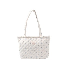 MSGHER Floral Quilted Tote Bag with Zipper Lightweight Reusable for Women Cotton Shoulder Bag for Travel Shopping Daily Use (Blue Floral)
