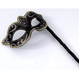 VENETIAN MASQUERADE PARTY EYE BALL FACE MASK ON A STICK BLACK, SILVER, BRONZE & GOLD