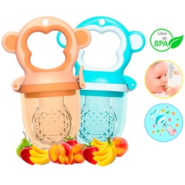 Chupones/Chupetes Ergonómicos para Frutas, Papillas y Cereales con Seguro y Tapa Protectora Libre de BPA, Dibujos Animados, 2 Piezas Unisex de 4m+ (Monkey - Azul y Monkey - Naranja)