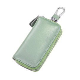 BAKUN Compact Leather Car Key Case, Zipper Key and Card Holder Organizer Wallet with 6 Hooks (LightGreen)