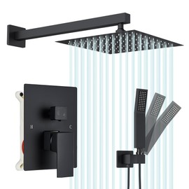 Votamuta Black Shower System - 10" Rain Shower Head & Handheld Combo, Complete Shower Faucet Set with Rough-in Brass Valve & Trim (All-in-One Bathroom Kit)