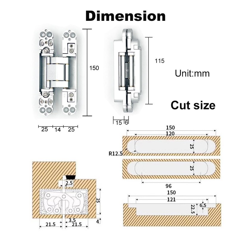 VOLUKA 2 Pack Hidden Door Hinges, 6 inch 3-Way Adjustable