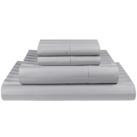 Threadmill Home Linen 500 Thread Count 100% Extra-Long Staple Cotton Sheet Set, Full Sheets, Damask Stripe Hemstitch Luxury Bedding -Super Sale, Full Sheets 4 Piece Set,Smooth Sateen Weave,Silver