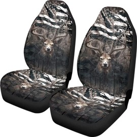 Poceacles Vintage USA Flag Universal Car Seat Covers for Car Truck Sedan SUV 2 Packs, Camo Deer Durable Automotive Front Seat Covers, Breathable Bucket Seat Cover, Protective Car Accessories Interior