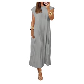 GORGLITTER Women's Pleated Church Maxi Dresses Summer Casual Short Sleeve Crew Neck Flowy Loose Long Sundresses 2025 Light Grey Large