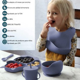 Platos para bebe silicon,9 Pcs juego de babero impermeable,Tazas con pajitas, Cubierta de merienda,Cucharas y tenedores,baberos,Fácil de limpiar, apto para microondas