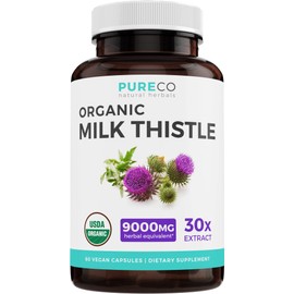 USDA Organic Milk Thistle Capsules - 80% Silymarin - 9,000mg of Milk Thistle Seed Extract - Supports Liver Cleanse, Liver Detox, & Liver Health - Vegan Supplement - 2 Month Supply - 60 Pills (No Oil)