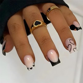 YOSOMMK French Tip Fake Nails Short Square Press on Nails with Heart Designs Black Full Cover False Nail Glossy Stick on Acrylic Nail for Women and Girls