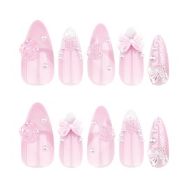 3D Press on Nails Medium Almond Pink Fake Nails with Bow Designs White French Tip False Nails Cute Handmade Acrylic Nails Gel Full Cover Glue on Nails Butterfly Flower Stick on Nails for Women 24Pcs
