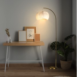 Brightech Wave Arched Floor Lamp – Unique Hanging Wicker Shade for Living Rooms – Rattan Style Matches Boho and Other Décor – Arcs Over Sofas and Dining Tables for Compliments - Brass