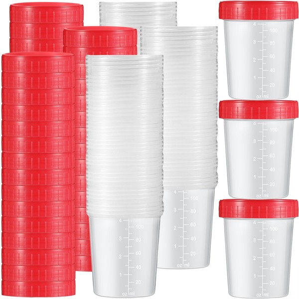 Geiserailie 100 Pcs Disposable Specimen Cups Urine Cups 4oz Specimen Containers with Leak Proof Screw on Single Use Stool Sample Collection Kit for Safe Urine Pee Stool Sample Analysis Testing (Red)