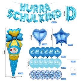 Einschulung Deko Blau, Schulanfang Deko Einschulung Junge, Hurra Schulkind Deko Ballon Girlande Banner, ABC Zuckertüte Folienballon, Deko Schulanfang für Einschulungsfeier, Schuleinführung Party Deko