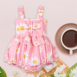BemeUSWT Baby Girl Romper Casual Sleeveless Bow Front Floral Print Bodysuit Newborn Playsuit Summer Clothes (Pink, 18-24 Months)