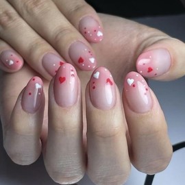 24Pcs Valentines Press on Nails Almond Fake Nails,Cute Heart Nails Tips Pink Gradient Red Hearts Dots Designs False Nails Heart Glue on Nails Full Cover Valentine Day Acrylic Nails for Women Girls