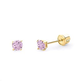 Wellingsale 14K Yellow Gold Polished 3mm Round Birth CZ Cubic Zirconia Stone Solitaire Basket Style Prong Set Stud Earrings With Screw Back - October