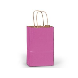 Pack Of 25, Lipstick Pink Recycled Kraft Paper Shopping Bags W/Serrated Edge Tops & Sturdy Paper Twisted Handles - Rose 5.5 X 3.25 X 8.5" Solid Made In USA