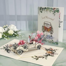 pekifaves Pop Up Wedding Card, Just Married 3D Wedding Greeting Card with Envelope, Wedding Car Card with Bride and Groom, for Valentine's Day, Engagement, Wedding, Anniversary